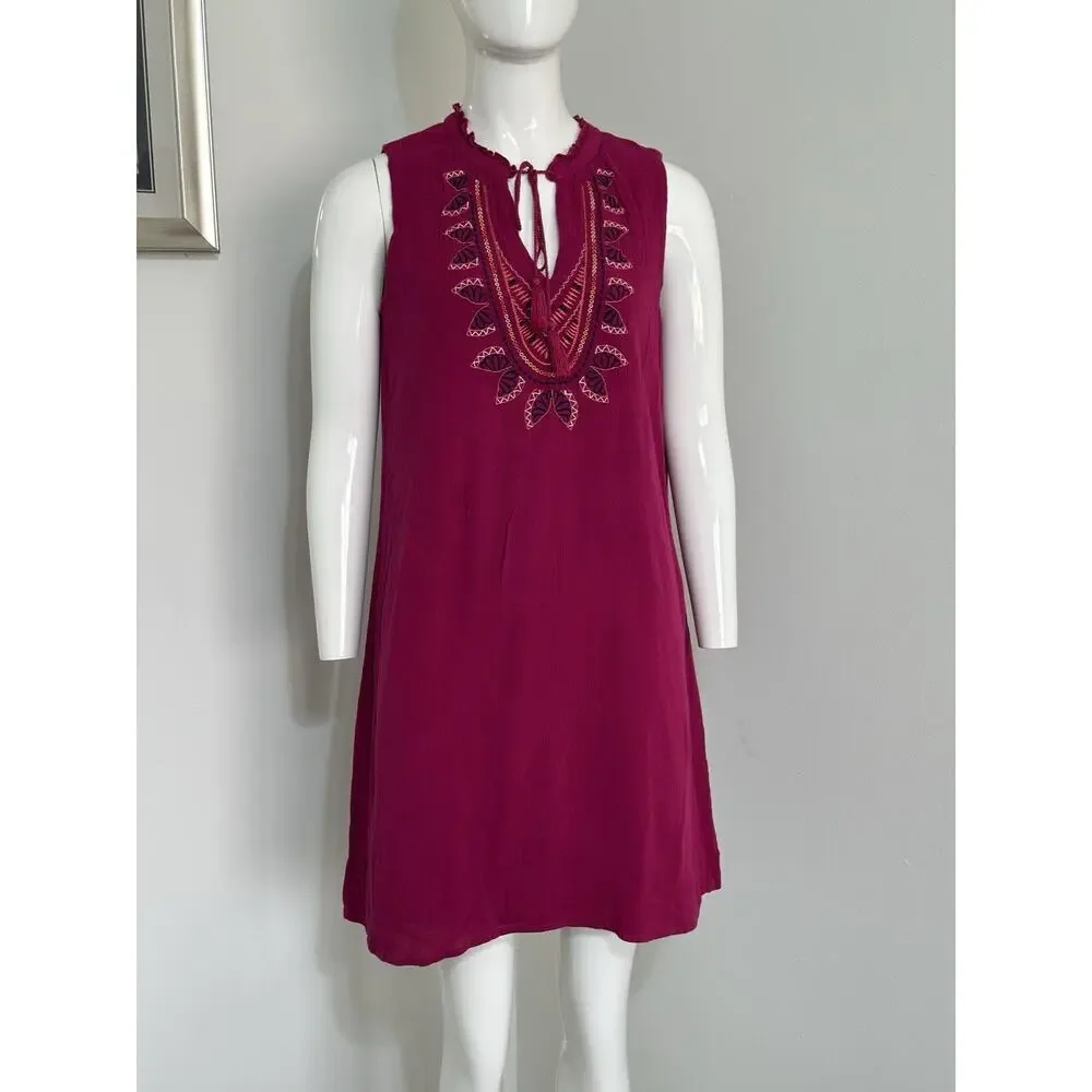Cupio Boho Embroidered Shift Dress Size M Fuchsia Pink Sleeveless Tassel Fairy